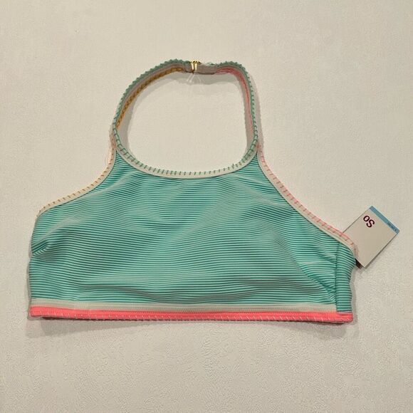 NWT SO by Kohl’s Teal Striped High Neck Bikini Top - Size Large - Picture 1 of 3